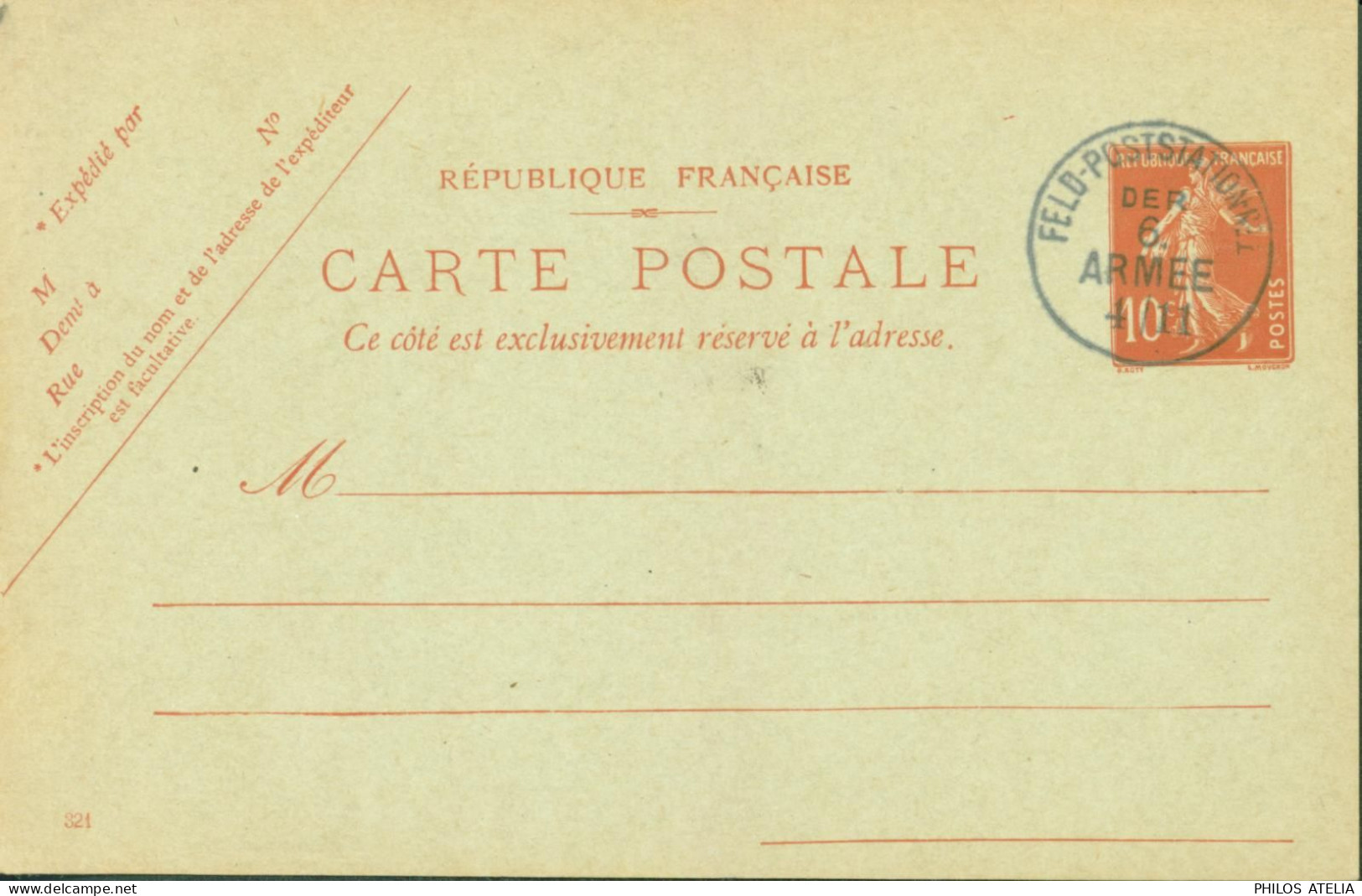 Guerre 14 Entier Semeuse Camée 10c Rouge S/ Carton Vert CAD Feld Poststation N°21? DER 6 ARMEE 4 11 Armée Allemande - WW I