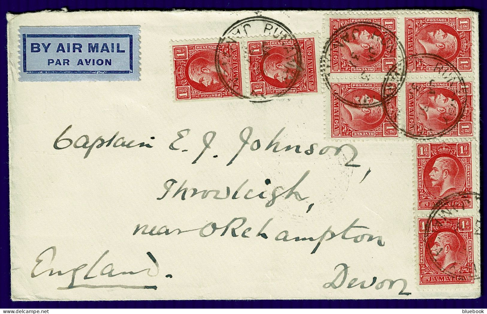 Ref 1639 - Jamaica 1937 - Airmail Cover With 8 X 1d Booklet Stamps? Canc. Runaway - Jamaica (...-1961)