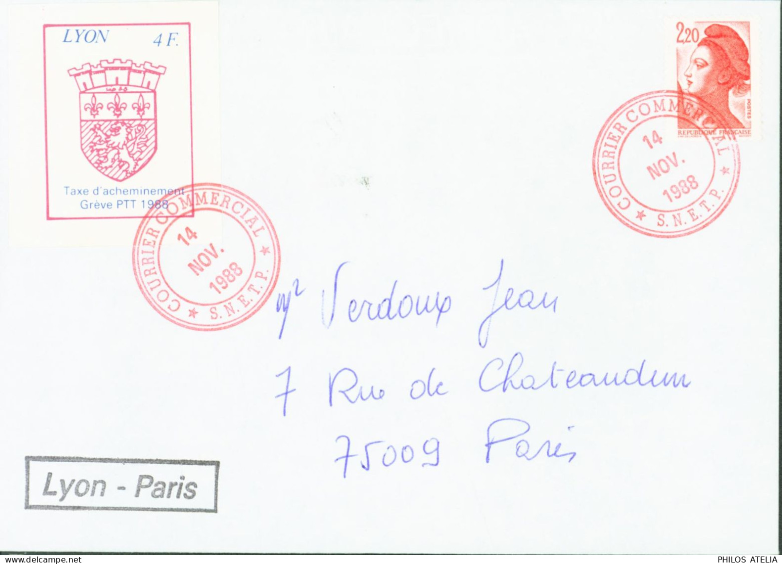 Timbre Lyon 4F Taxe D'acheminement Grève PTT 1988 Cachet Courrier Commercial 14 NO 1988 SNETP + YT N°2376 - Dokumente