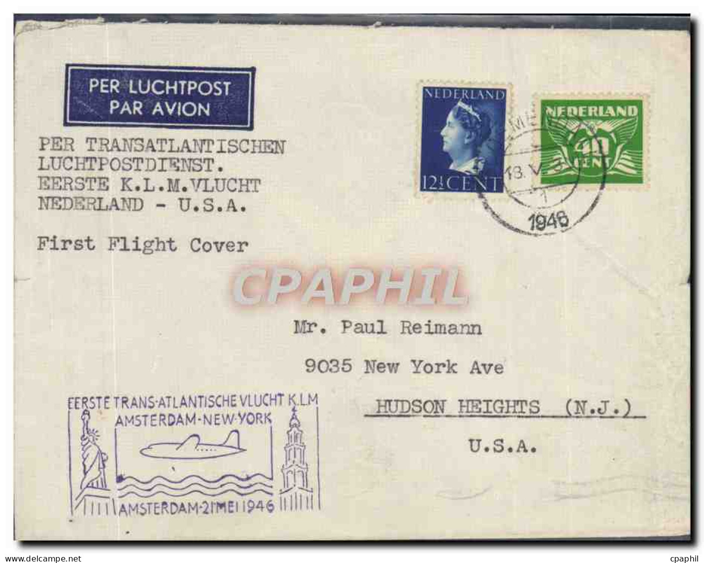 Lettre Pays Bas 1st Flight To USA 21 5 1946 - Poste Aérienne