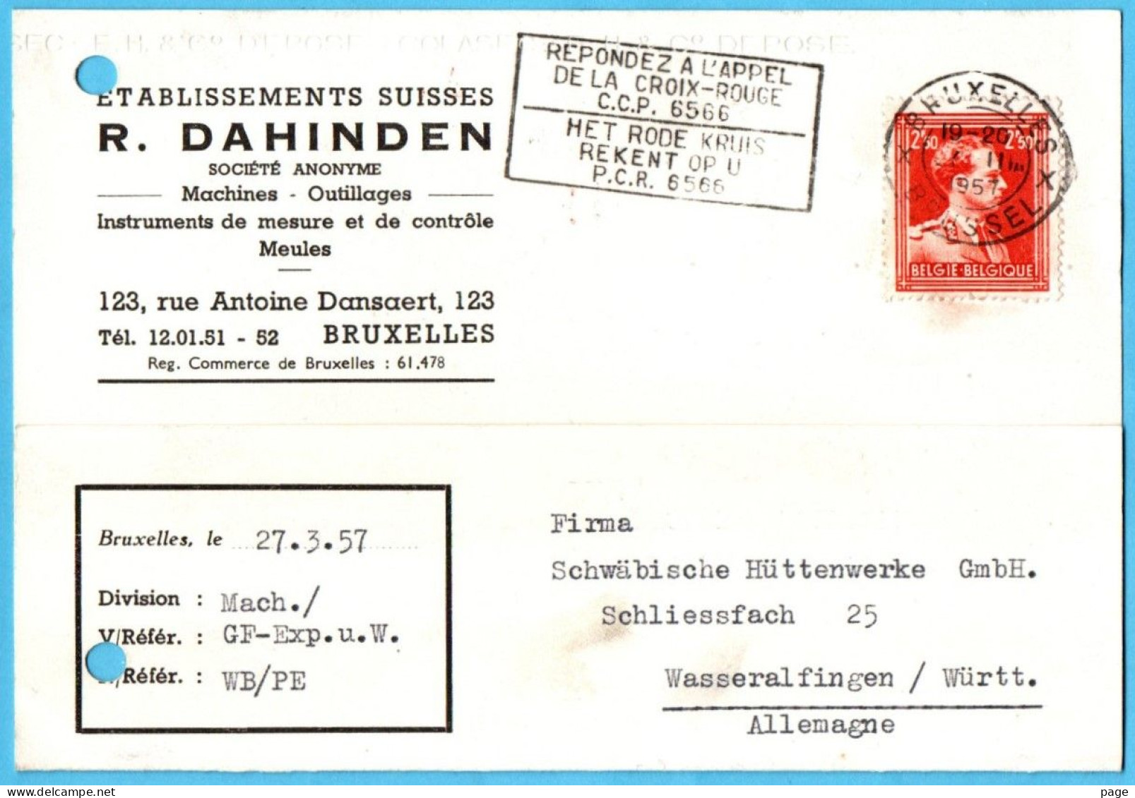 Brüssel, Etabissements Suisses,R.Dahinden,   1957 - Mi 899 - Briefe U. Dokumente