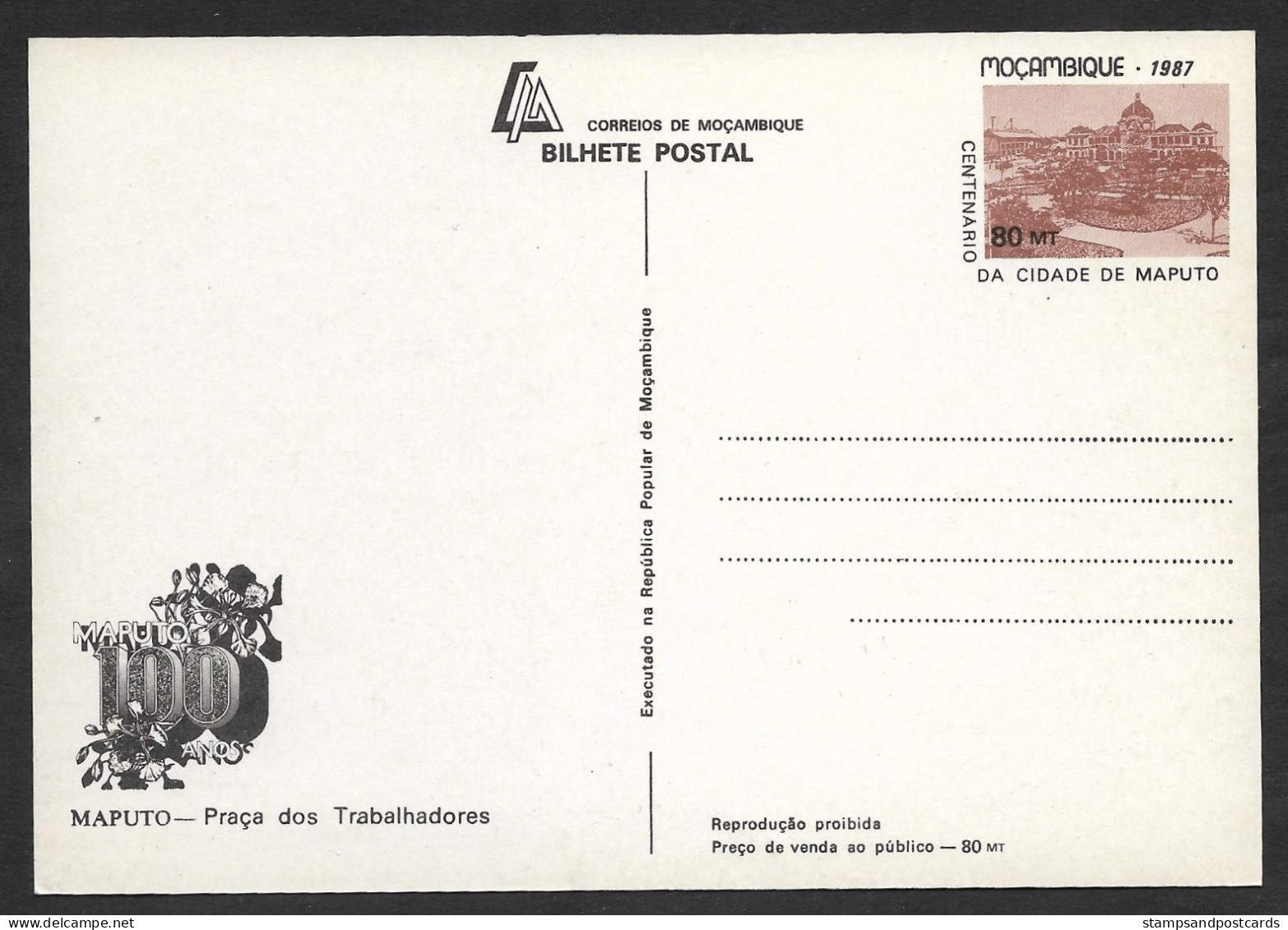 Mozambique Carte Entier Postal Maputo Gare Chemin De Fer 1987 Moçambique Postal Stationery Railway Station - Mozambique