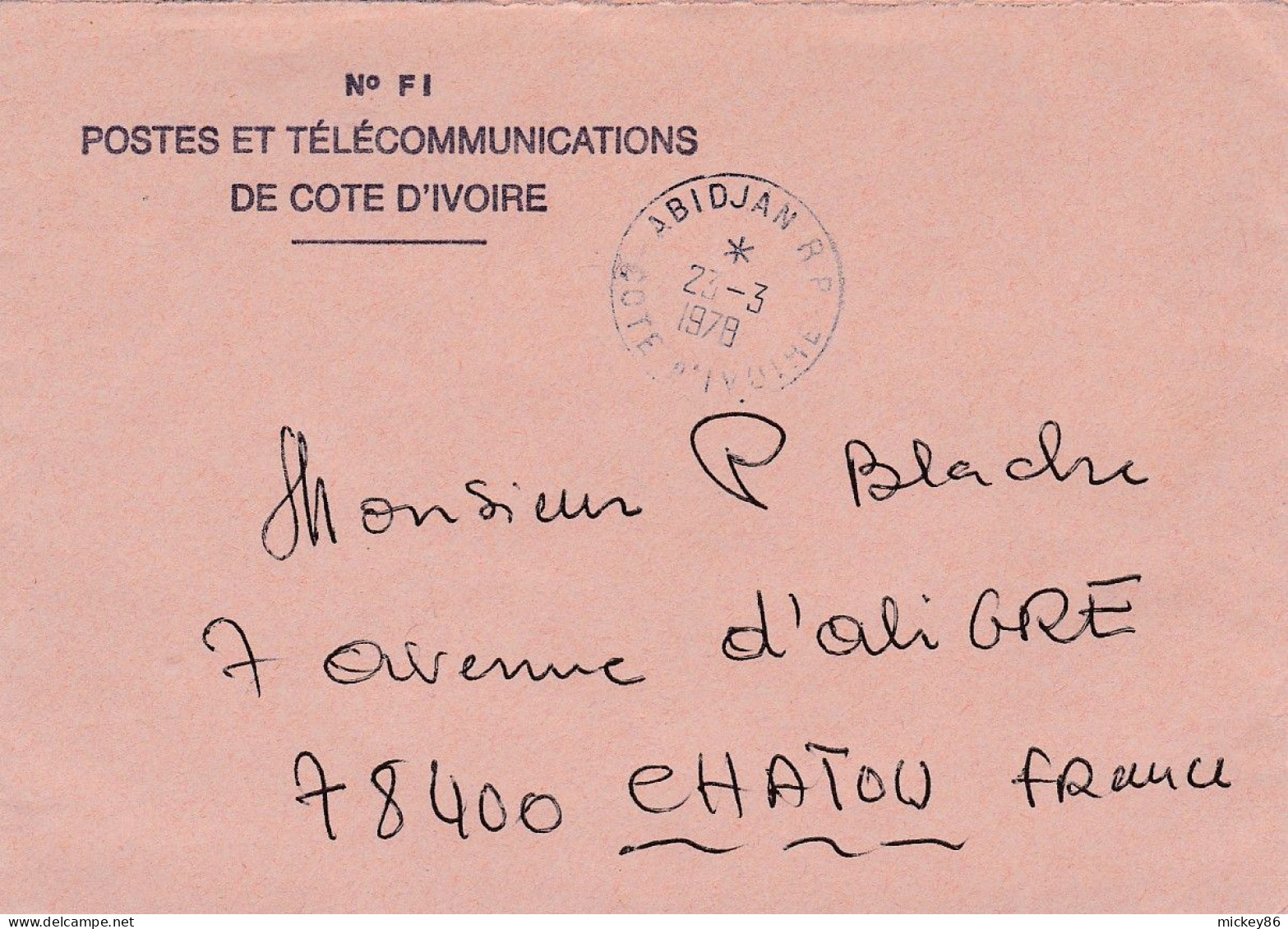 Côte D'Ivoire --1978--Lettre En Franchise Postale Pour CHATOU-78 (France)....cachet .... - Costa De Marfil (1960-...)