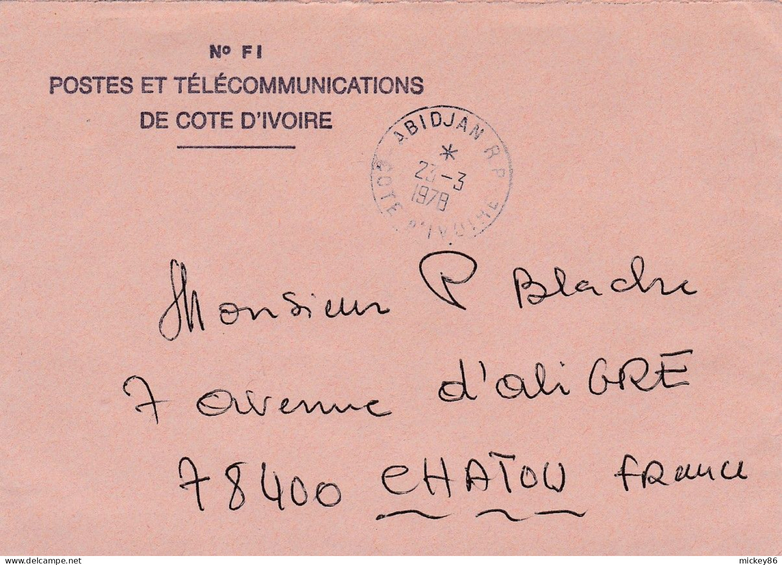 Côte D'Ivoire --1978--Lettre En Franchise Postale Pour CHATOU-78 (France)....cachet .... - Côte D'Ivoire (1960-...)