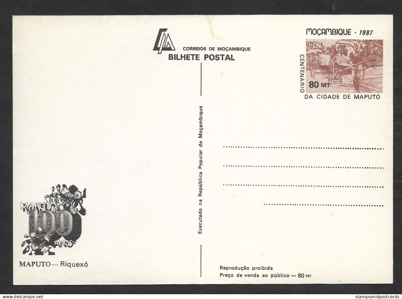 Mozambique Carte Entier Postal Maputo Pousse-pousse 1987 Moçambique Postal Stationery Rickshaw - Mozambique