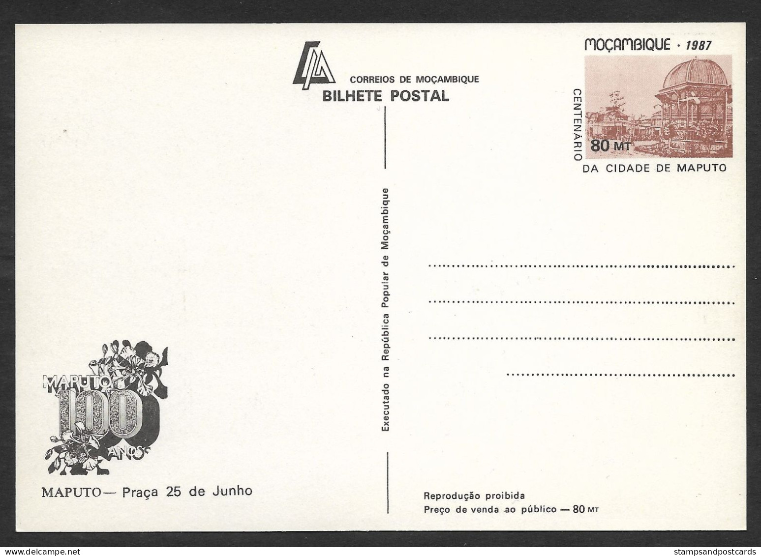 Mozambique Carte Entier Postal Maputo Praça 25 De Junho Kiosque à Musique 1987 Moçambique Postal Stationery Bandstand - Mozambique