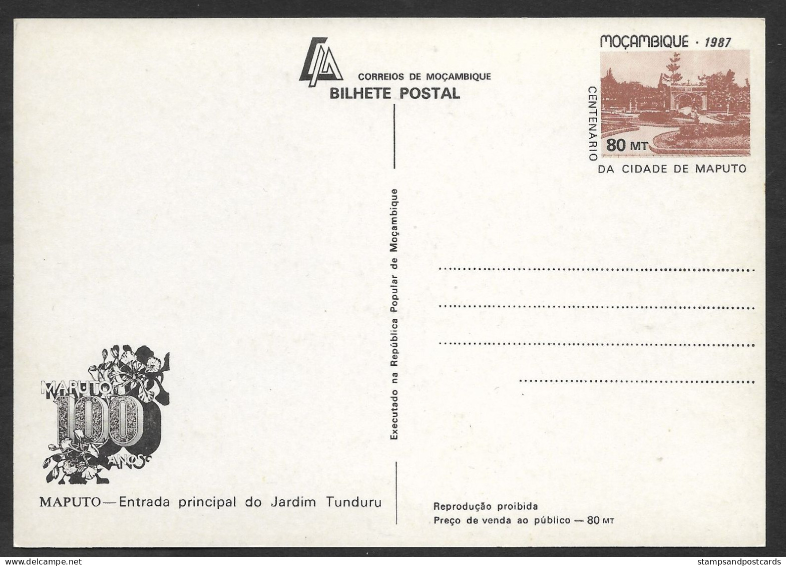 Mozambique Carte Entier Postal Maputo Jardim Tunduru Jardin Publique 1987 Moçambique Postal Stationery Public Garden - Mozambique