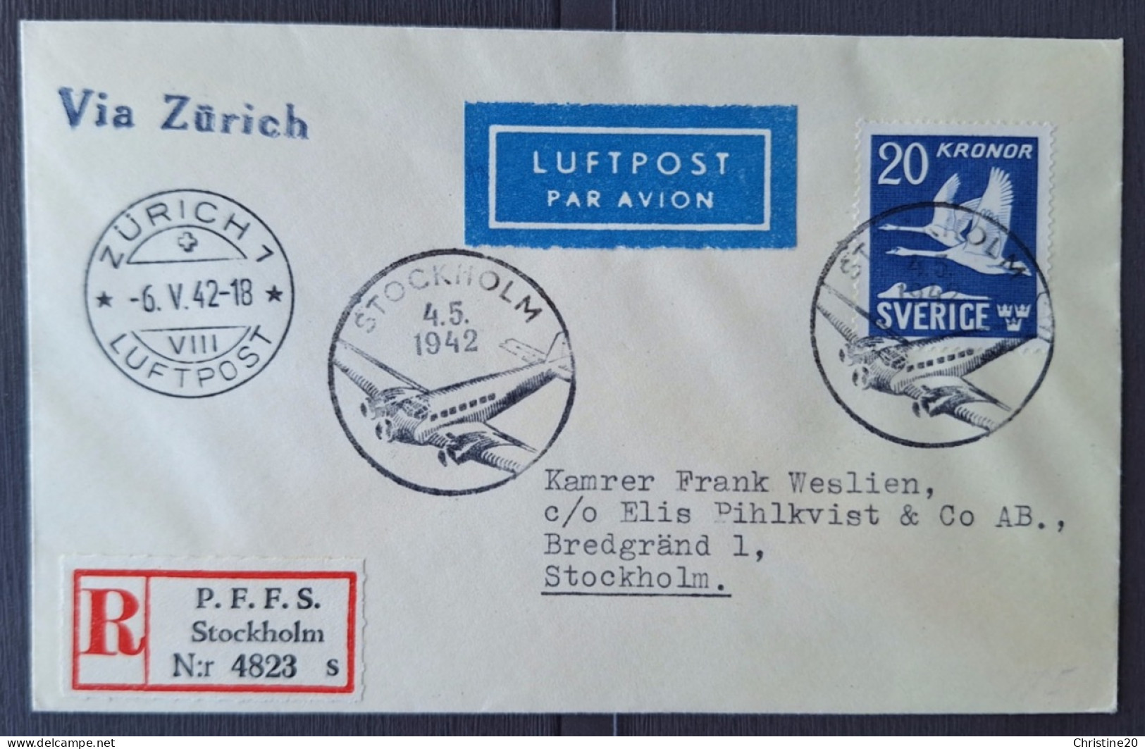 Suède 1942 PA7  Ob Sur Lettre Premier Jour  Via Zurich TB - FDC