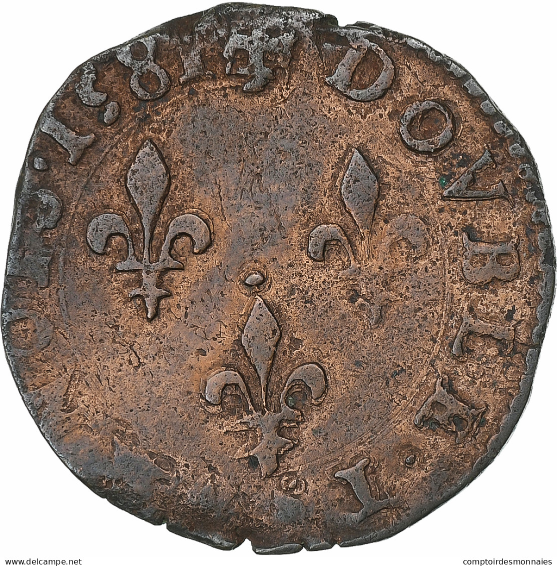 France, Henri III, Double Tournois, 1581, Poitiers, Cuivre, TB+, Gadoury:455 - 1574-1589 Enrico III