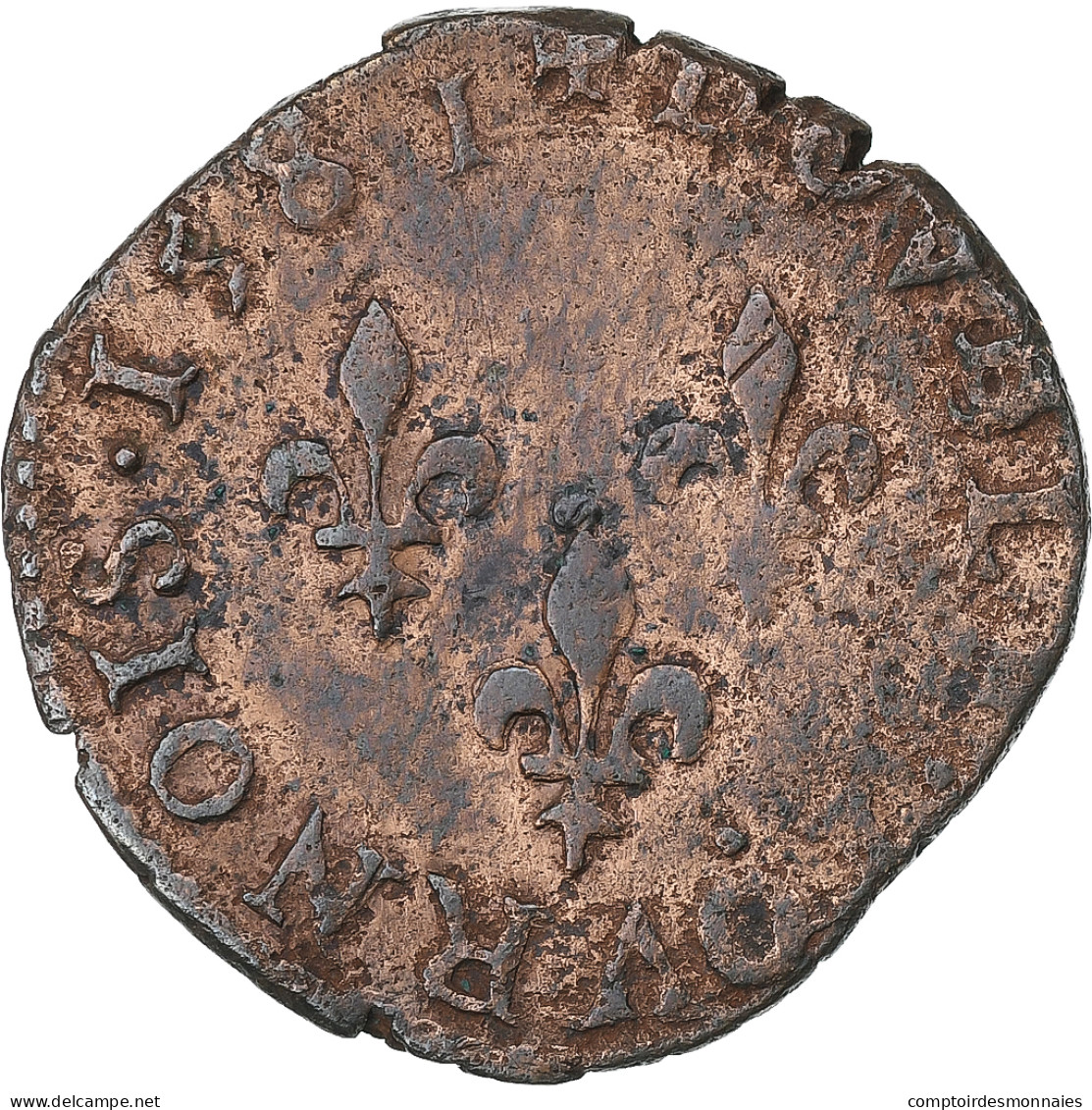 France, Henri III, Double Tournois, 1581, Poitiers, Cuivre, TB+, Gadoury:455 - 1574-1589 Henry III