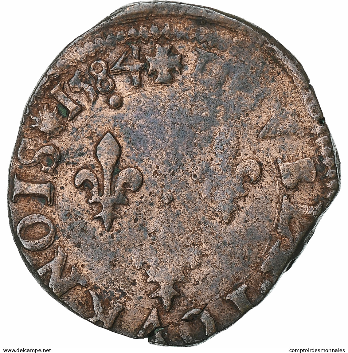 France, Henri III, Double Tournois, 1584, Poitiers, Cuivre, TB, Gadoury:455 - 1574-1589 Hendrik III