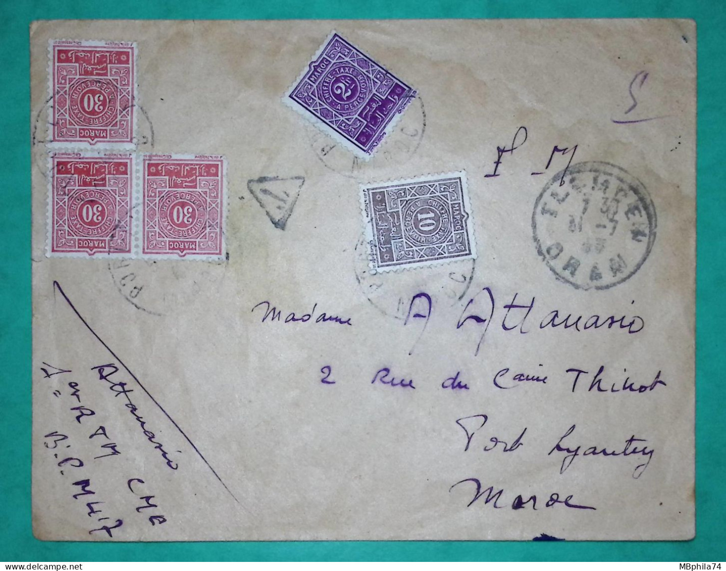 FRANCHISE MILITAIRE FM TAXE 10C + 30C X3 + 2F 3F MAROC DEPART TLEMCEN ALGERIE POUR PORT LYAUTEY COVER FRANCE - Postage Due