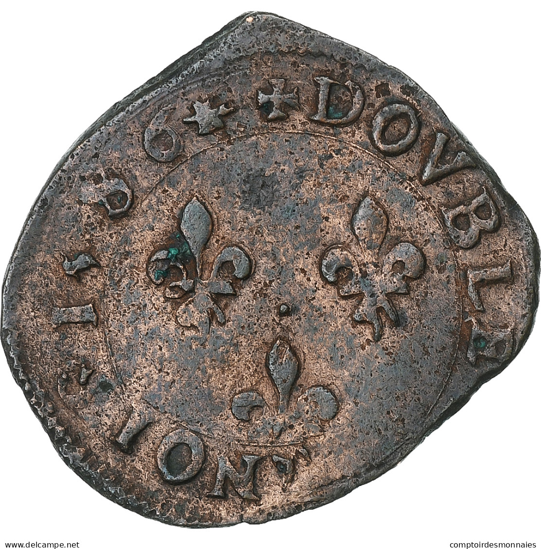 France, Henri III, Double Tournois, 1586, La Rochelle, Cuivre, TB+, Gadoury:455 - 1574-1589 Enrico III