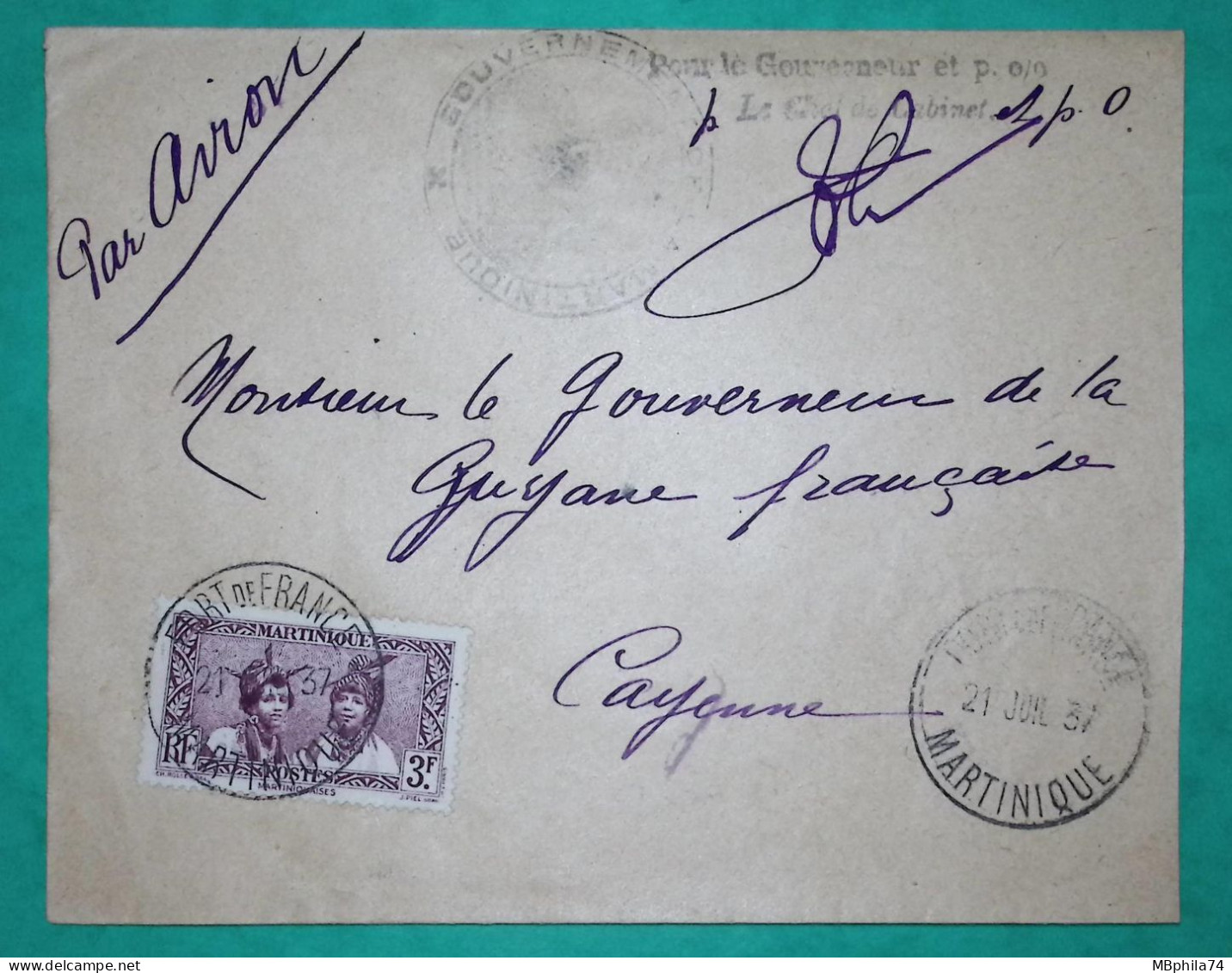 3F MARTINIQUE SEUL SUR LETTRE PAR AVION FORT DE FRANCE POUR CAYENNE GUYANE 1937 COVER FRANCE - Covers & Documents