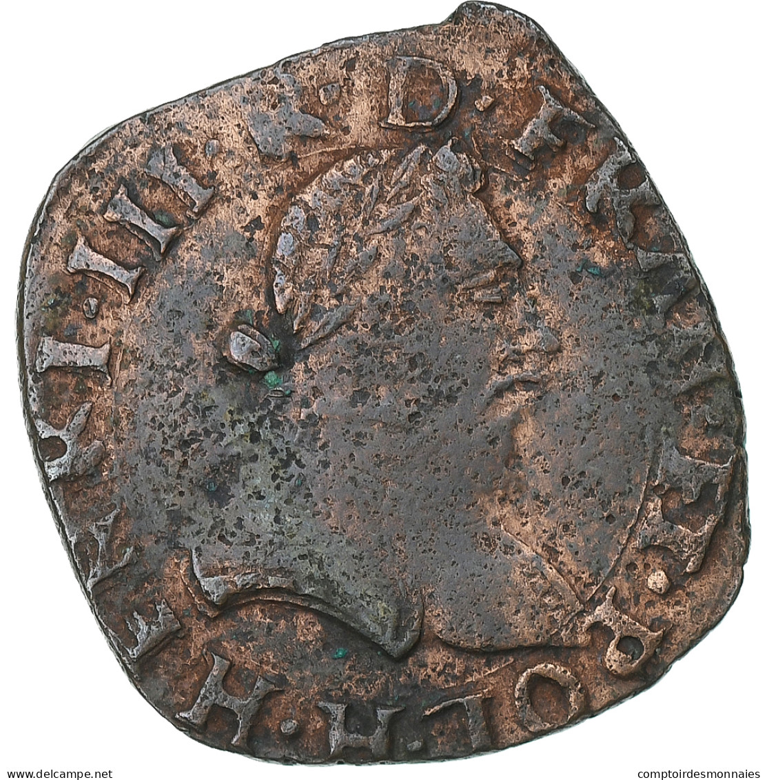 France, Henri III, Double Tournois, 1586, La Rochelle, Cuivre, TB+, Gadoury:455 - 1574-1589 Enrico III