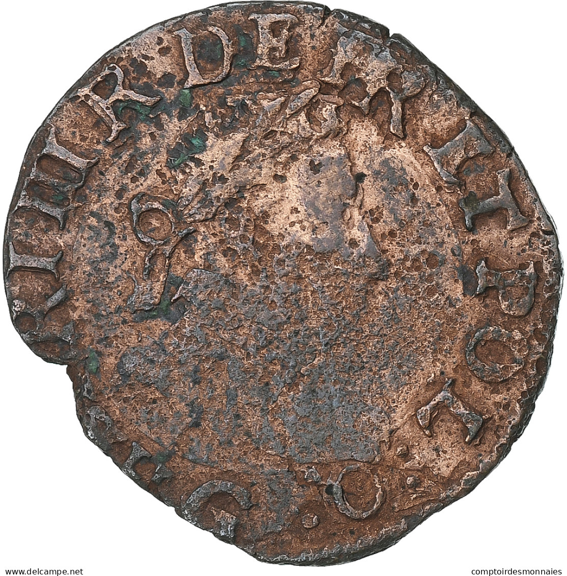 France, Henri III, Double Tournois, 1583, Poitiers, Cuivre, B+, Gadoury:455 - 1574-1589 Hendrik III