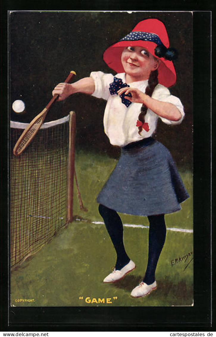 Künstler-AK Game, Mädchen Mit Hut Auf Dem Tennisplatz  - Tennis