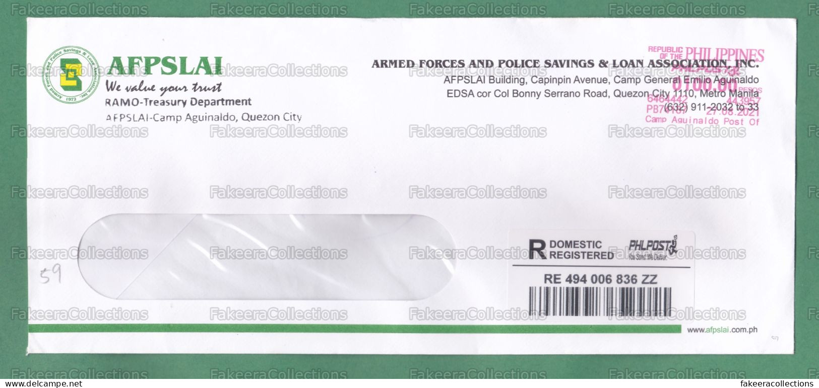 PHILIPPINES 2021 PILIPINAS - Registered Cover With 100 Pesos Meter Franking Cancellation - As Scan - Philippines