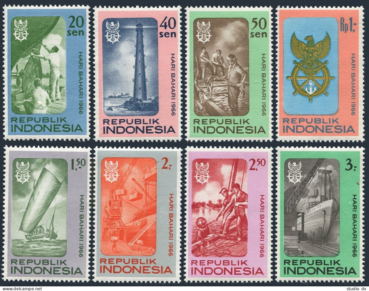 Indonesia 687-694,MNH.Michel 540-547.Maritime 1966.Lighthouse,Fishermen,Sailboat - Indonesië