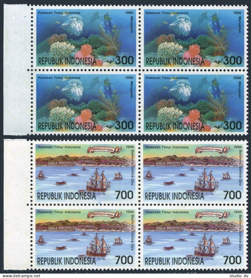 Indonesia 1684-1685 Bl/4,MNH.Mi 1671-1672. Deep See Diving,Sailing Ships,harbor. - Indonesia