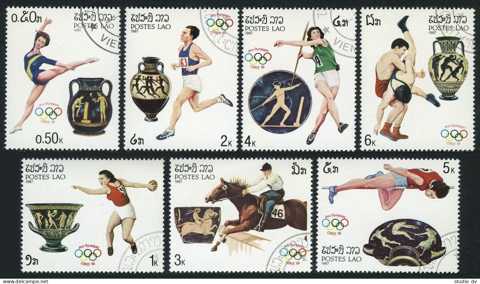 Laos 766-772,CTO.Michel 973-979. Olympics Seoul-1988.Discus,Equestrian - Laos