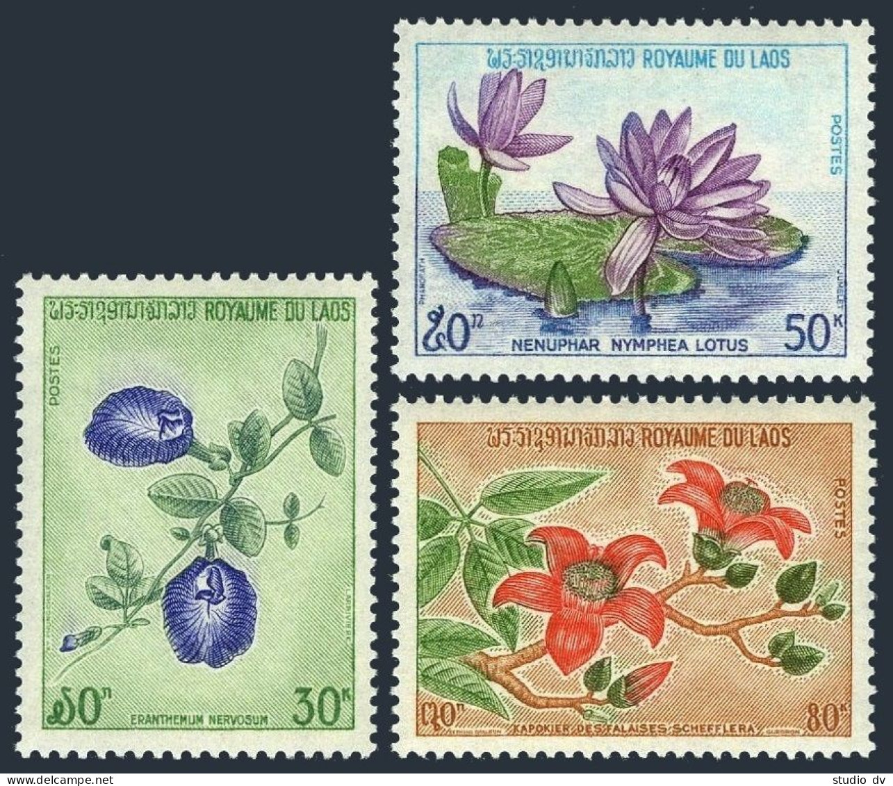 Laos 246-248,MNH.Michel 378-380.Flowers 1974.Eranthemum Nervosum,Lilies,Kapokier - Laos