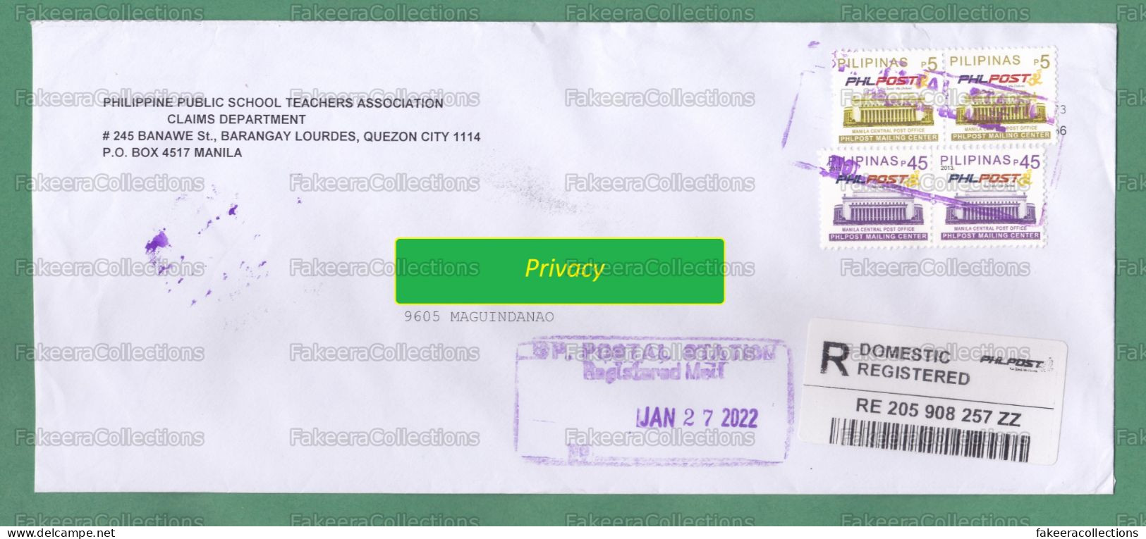 PHILIPPINES 2022 PILIPINAS - Registered Cover With P. 5 & 45 Pesos 2013 Manila Central Post Office Stamps - Philippines