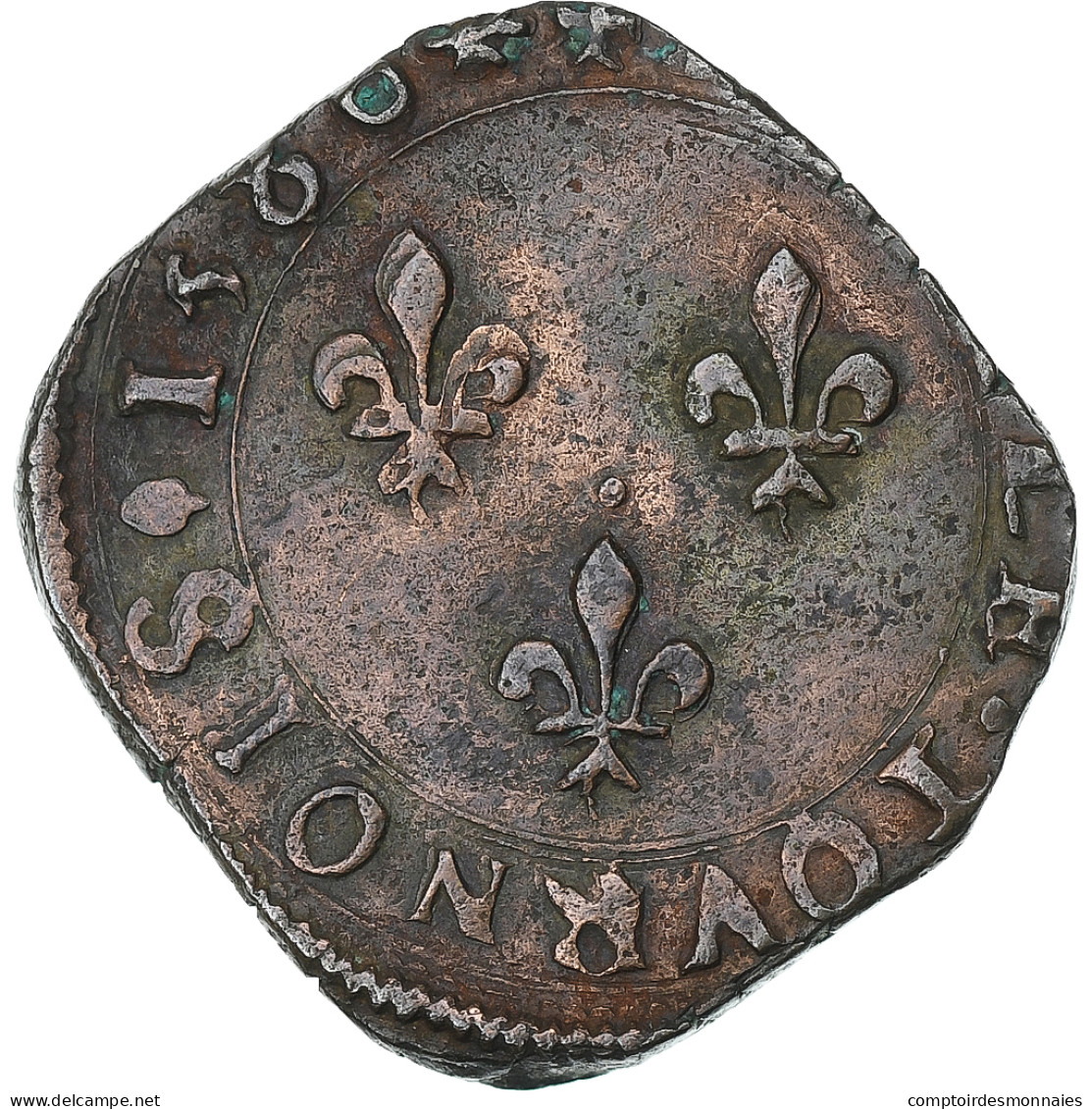 France, Henri III, Double Tournois, 1586, La Rochelle, Cuivre, TB+, Gadoury:455 - 1574-1589 Henri III