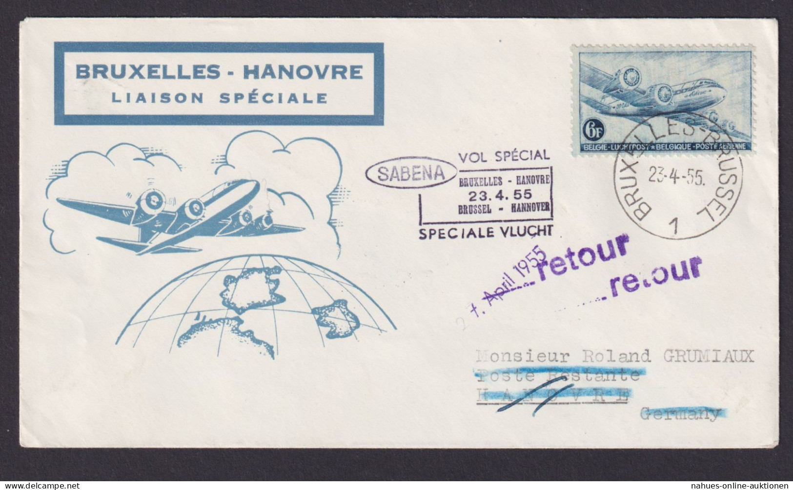 Flugpost Brief Air Mail SABENA Brüssel Belgien Weltkugel Globus Hannover - Other & Unclassified