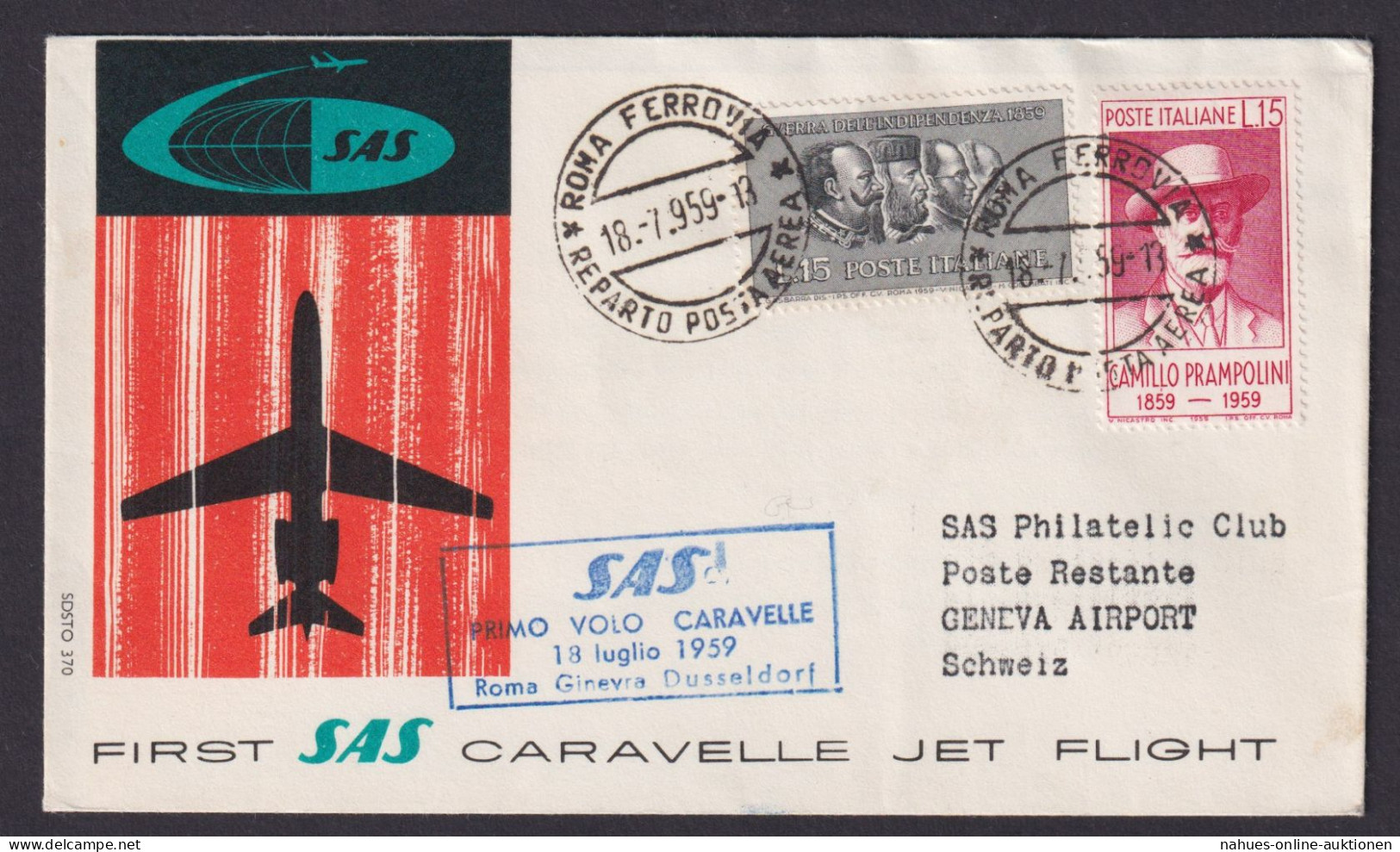 Flugpost Brief Air Mail SAS Italien Caravelle Jet Flight Rom Genf Schweiz Schöne - Usados