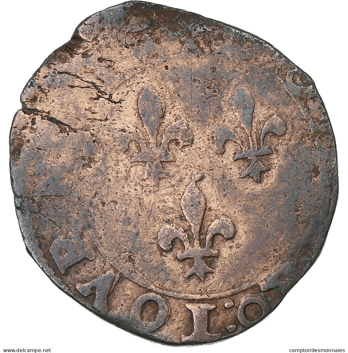 France, Henri III, Double Tournois, Bourges, Cuivre, B+, Gadoury:455 - 1574-1589 Hendrik III