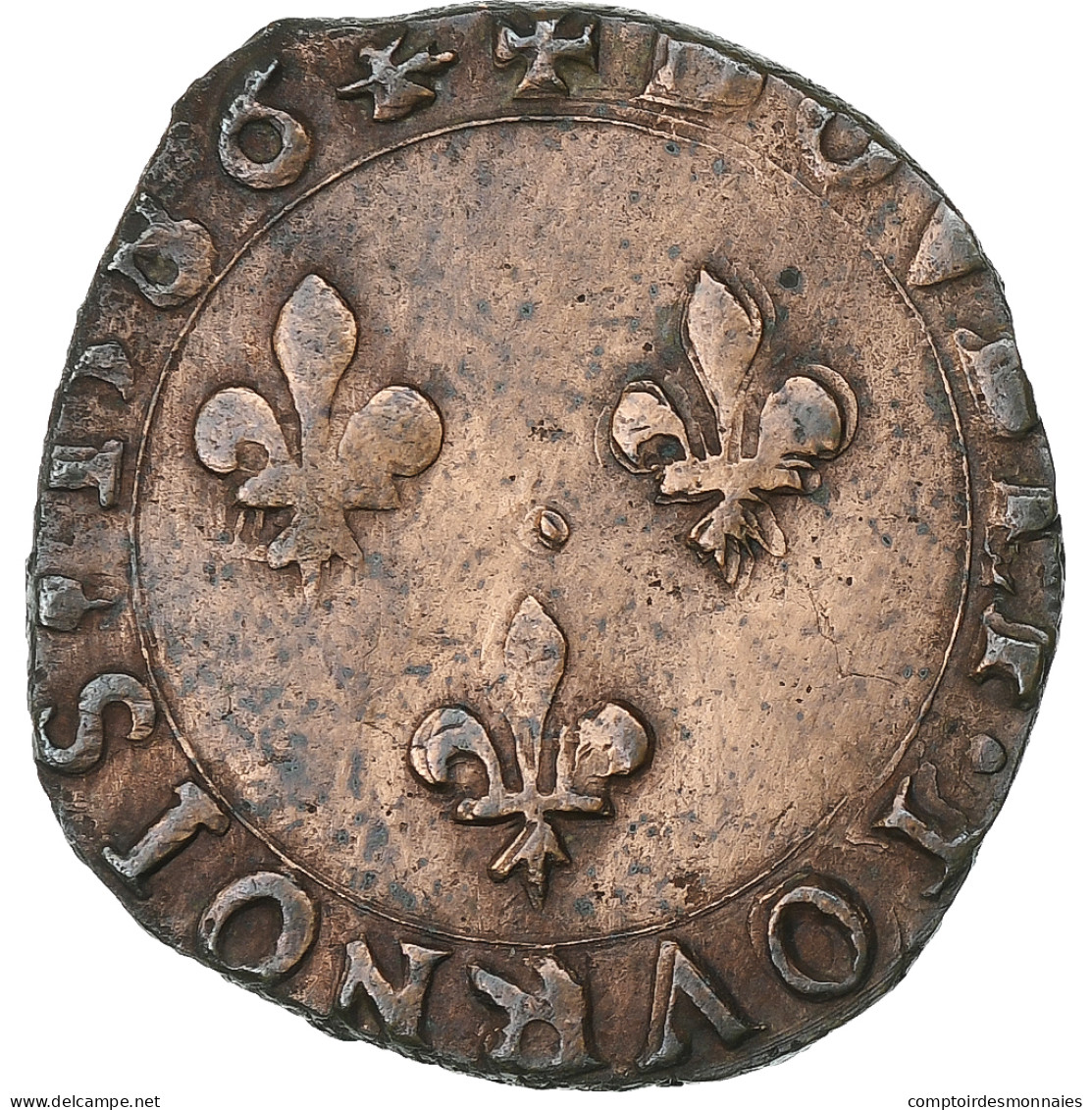 France, Henri III, Double Tournois, 1586, La Rochelle, Cuivre, B+, Gadoury:455 - 1574-1589 Henri III