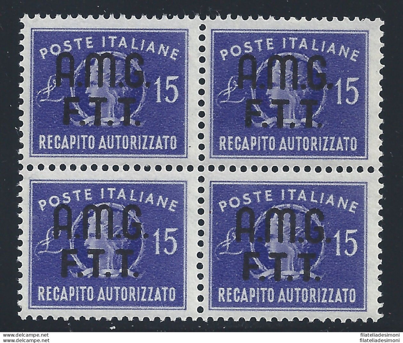 1949 TRIESTE A - Recapito Autorizzato 15 Lire Violetto N° 3 MNH/** QUARTINA DI - Autres & Non Classés