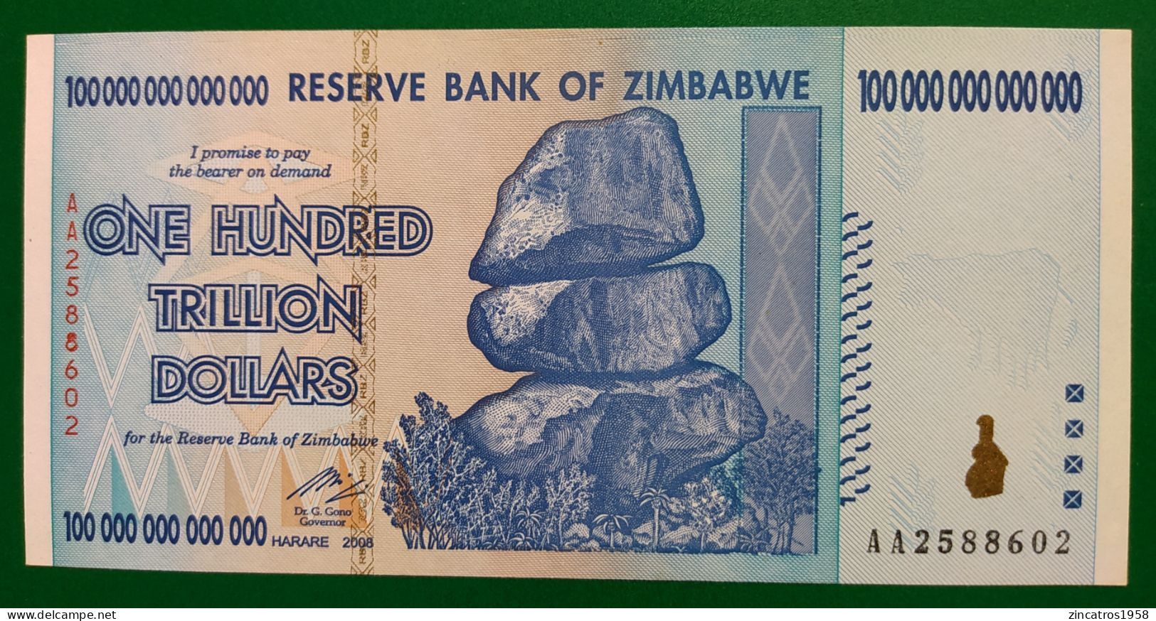 Zimbabwe / 100 Trillion Dollars 2008 P. 91 / 100 % UNC Original AA Serie / Top Price ++ Highest Denomination World +++++ - Simbabwe