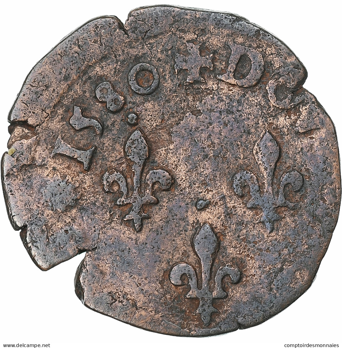 France, Henri III, Double Tournois, 1580, Nantes, Cuivre, TB, Gadoury:455 - 1574-1589 Enrique III