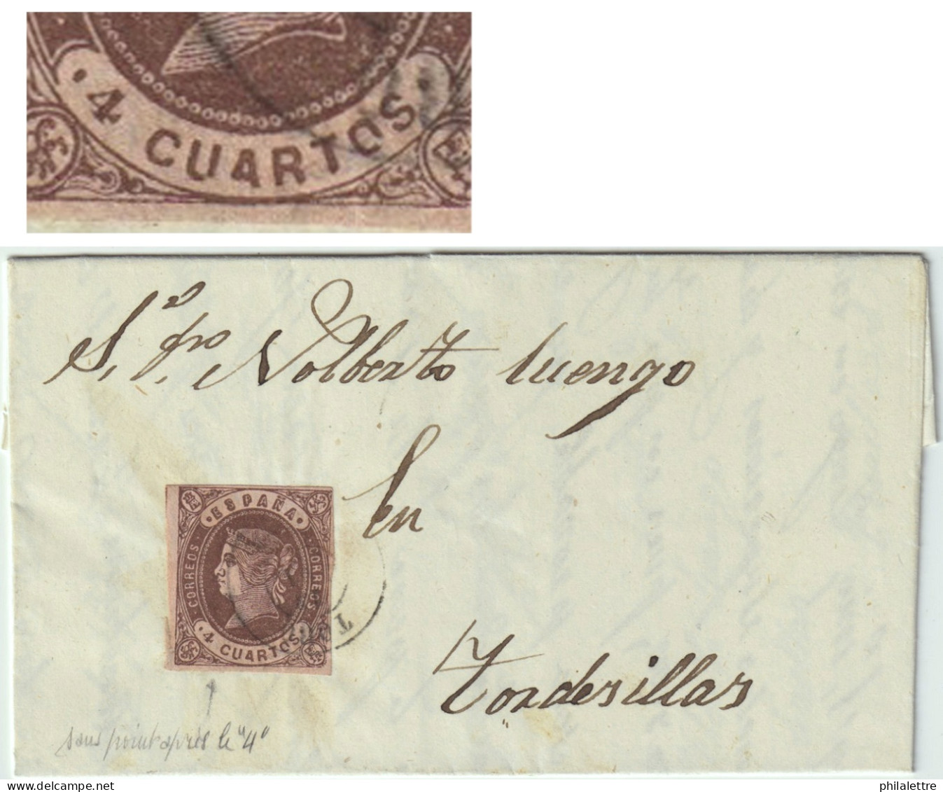 ESPAGNE/ESPAÑA 1863 Ed.58 4cu (falta El Punto Después Del 4 Y "U", "A" Y "O" Rotas) Sobre Carta De TORO A TORDESILLAS - Storia Postale