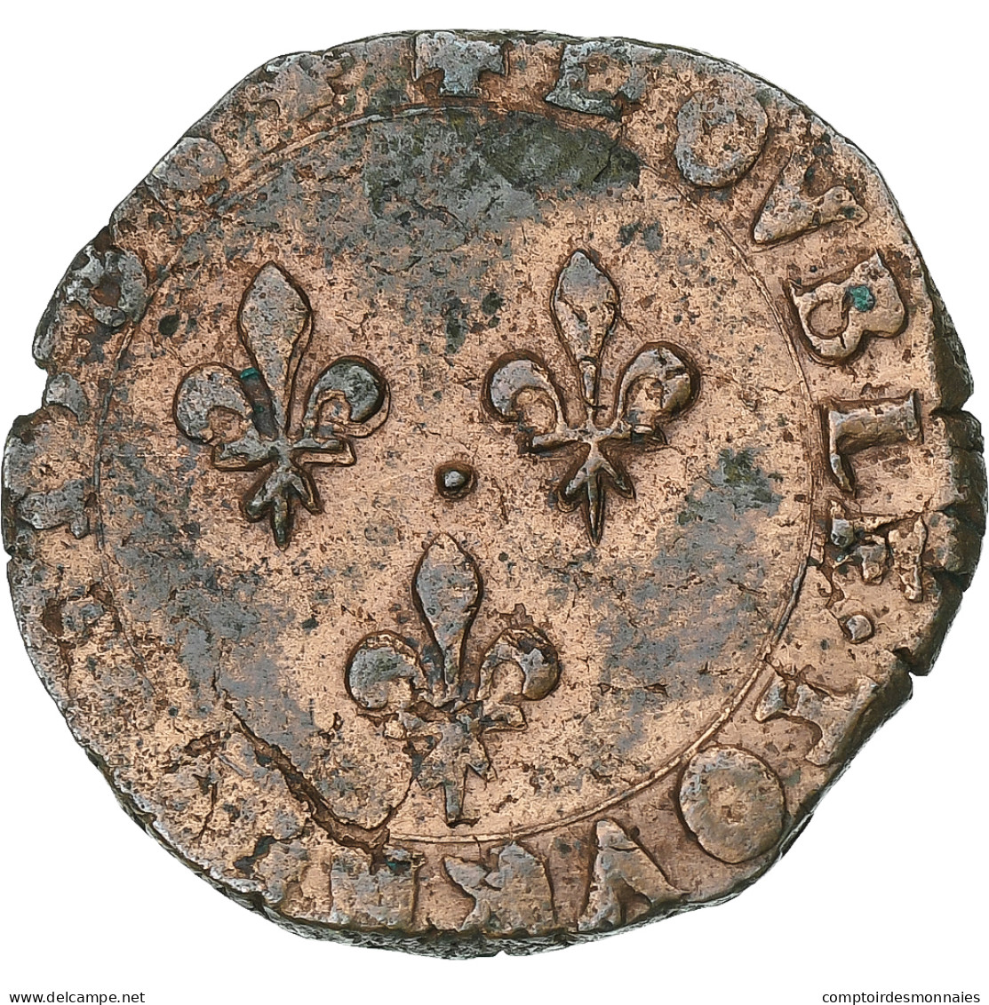 France, Henri III, Double Tournois, 1586, La Rochelle, Cuivre, TTB, Gadoury:455 - 1574-1589 Henry III