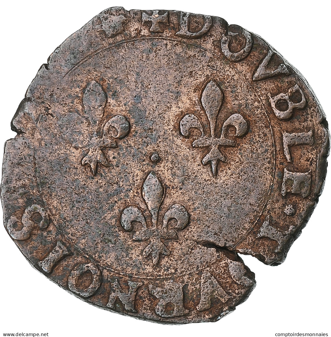 France, Henri III, Double Tournois, 1584, La Rochelle, Cuivre, TTB, Gadoury:455 - 1574-1589 Enrique III