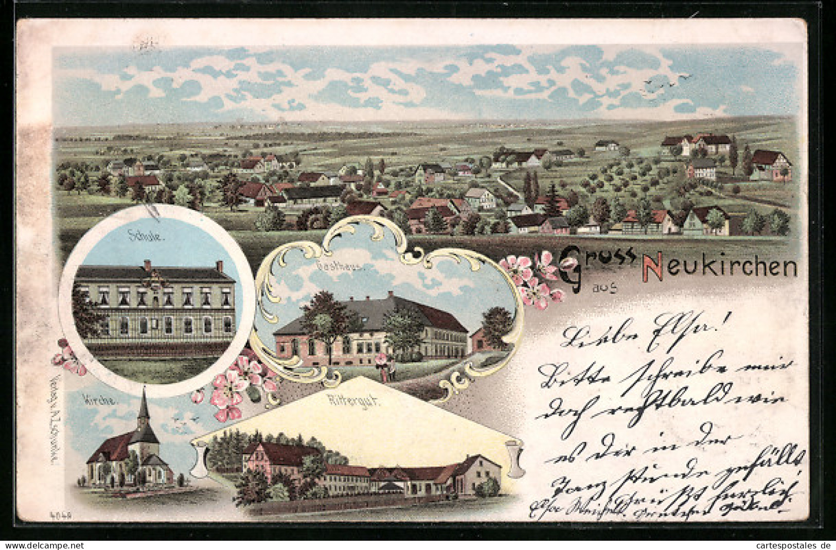 Lithographie Neukirchen, Rittergut, Gasthaus, Schule, Kirche  - Neukirch (Lausitz)