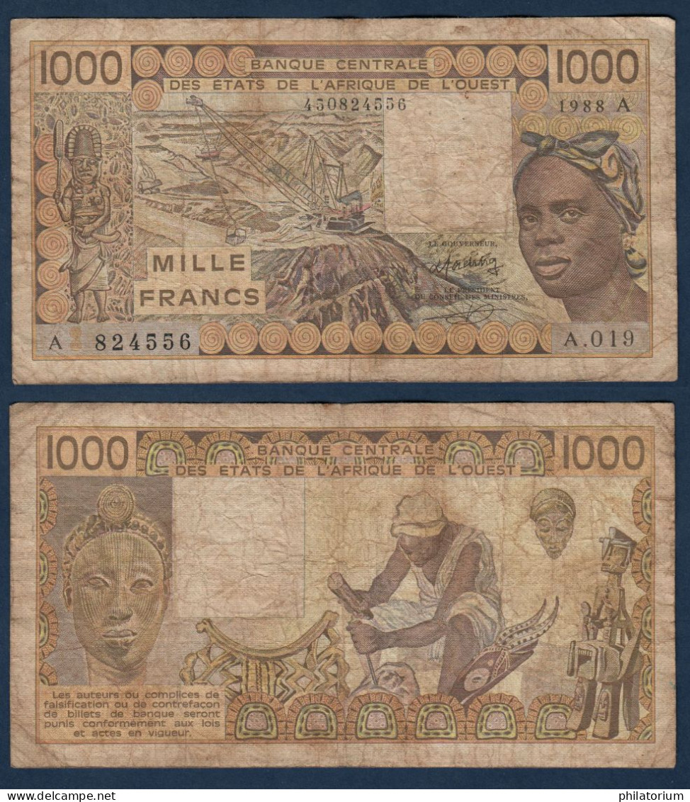 1000 Francs CFA, 1988 A, Côte D' Ivoire, A.019, A 824556, Oberthur, P#_07, Banque Centrale États De L'Afrique De L'Ouest - West African States