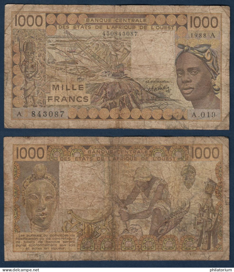 1000 Francs CFA, 1988 A, Côte D' Ivoire, A.019, A 843087, Oberthur, P#_07, Banque Centrale États De L'Afrique De L'Ouest - West-Afrikaanse Staten