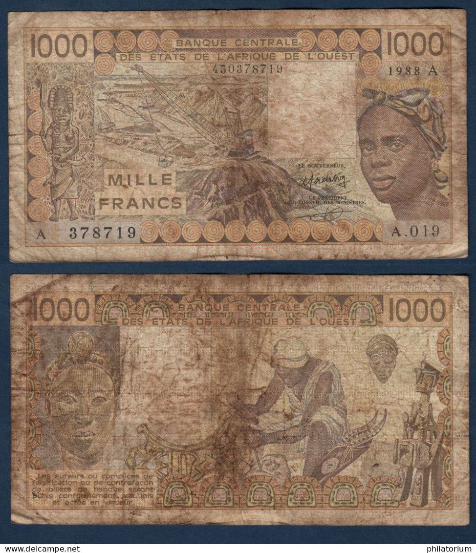 1000 Francs CFA, 1988 A, Côte D' Ivoire, A.019, A 378719, Oberthur, P#_07, Banque Centrale États De L'Afrique De L'Ouest - West-Afrikaanse Staten