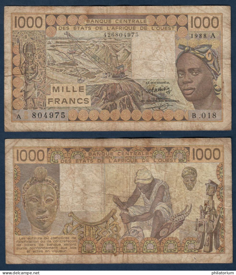 1000 Francs CFA, 1988 A, Côte D' Ivoire, B.018, A 804975, Oberthur, P#_07, Banque Centrale États De L'Afrique De L'Ouest - West African States
