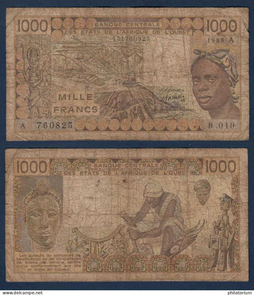 1000 Francs CFA, 1988 A, Côte D' Ivoire, B.019, A 760825, Oberthur, P#_07, Banque Centrale États De L'Afrique De L'Ouest - Estados De Africa Occidental