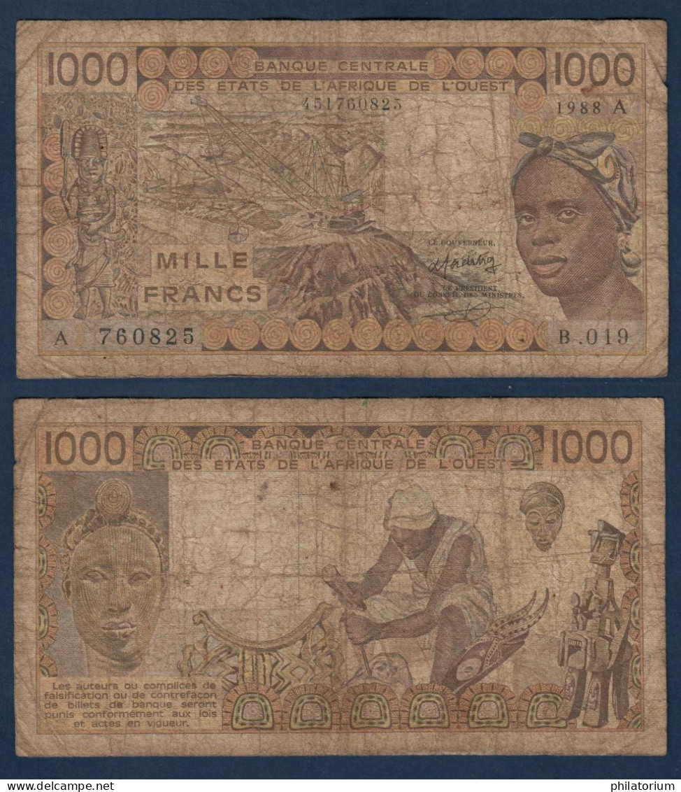 1000 Francs CFA, 1988 A, Côte D' Ivoire, B.019, A 760825, Oberthur, P#_07, Banque Centrale États De L'Afrique De L'Ouest - Stati Dell'Africa Occidentale