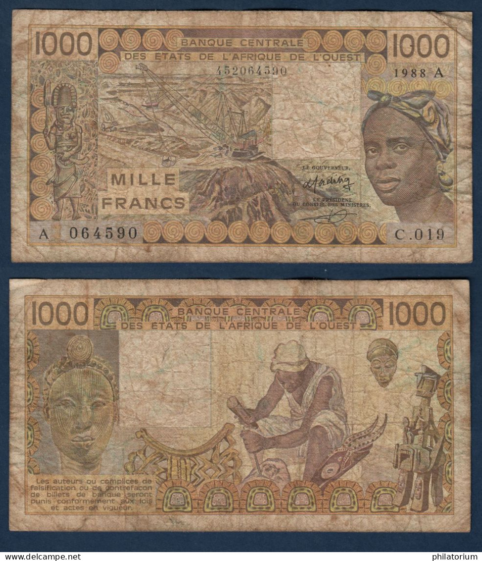 1000 Francs CFA, 1988 A, Côte D' Ivoire, C.019, A 064590, Oberthur, P#_07, Banque Centrale États De L'Afrique De L'Ouest - West-Afrikaanse Staten