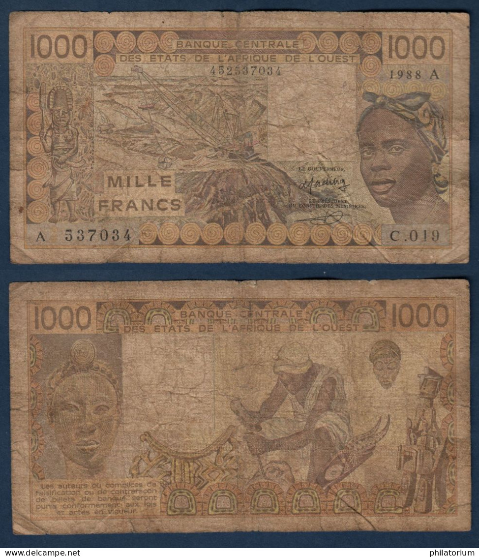 1000 Francs CFA, 1988 A, Côte D' Ivoire, C.019, A 537034, Oberthur, P#_07, Banque Centrale États De L'Afrique De L'Ouest - États D'Afrique De L'Ouest