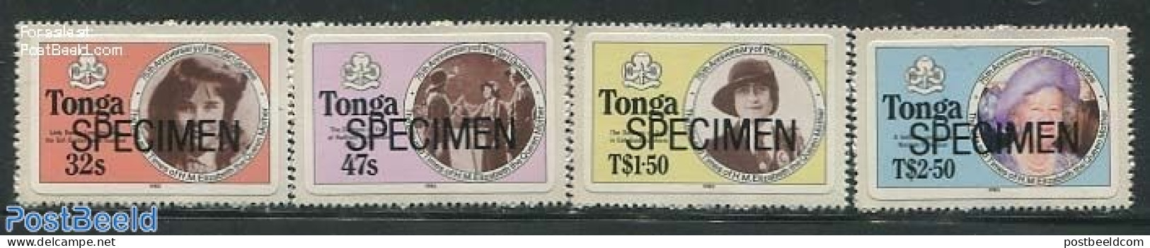 Tonga 1985 Queen Mother, Girl Guides 4v S-a, SPECIMEN, Mint NH, History - Sport - Kings & Queens (Royalty) - Scouting - Royalties, Royals