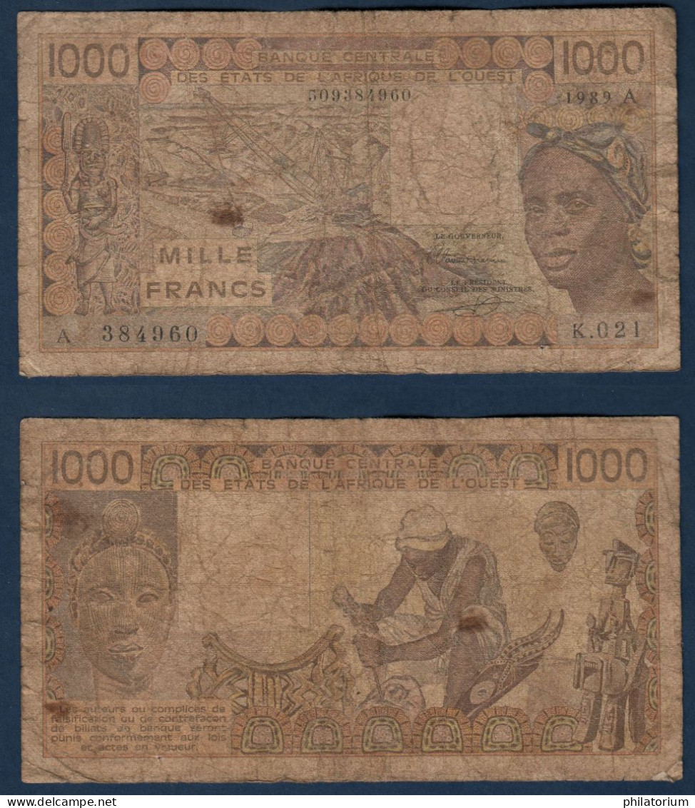 1000 Francs CFA, 1989 A, Côte D' Ivoire, K.021, A 384960, Oberthur, P#_07, Banque Centrale États De L'Afrique De L'Ouest - Westafrikanischer Staaten