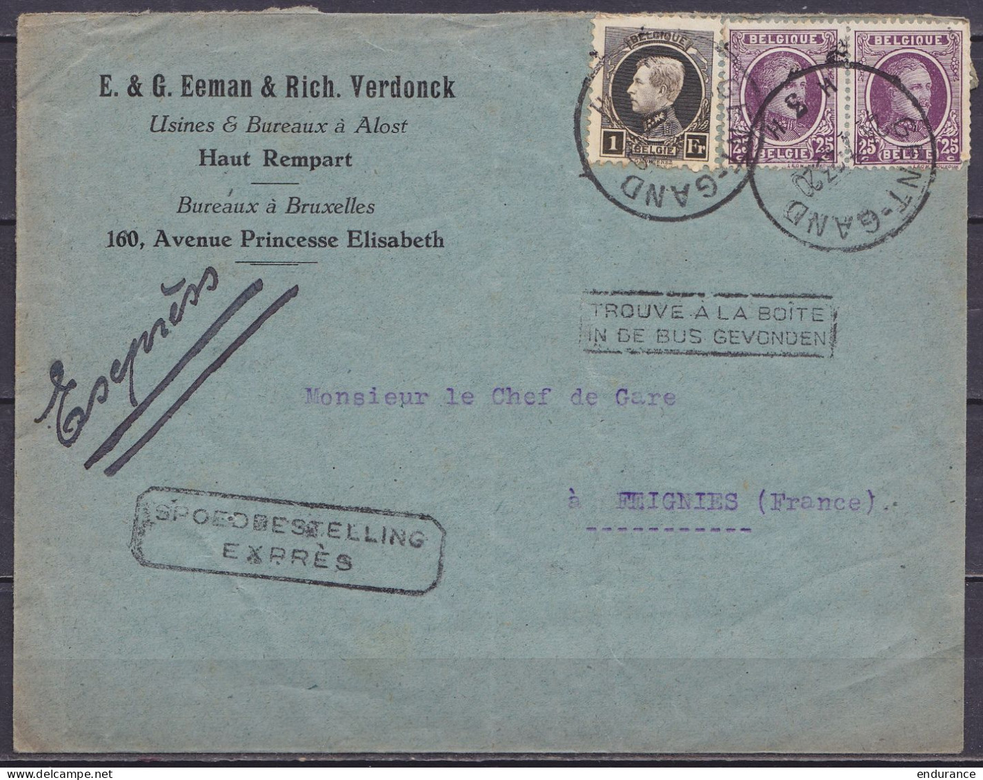 L. "Eeman & Verdonck" En EXPRES Affr. 2x N°197 + N°214B Càd GENT-GAND 3H /24-7-1923 Pour Chef De Gare à FEIGNIES France  - 1921-1925 Kleine Montenez